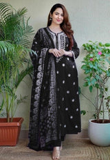 Women Black Embroidered Kurta Set with Dupatta