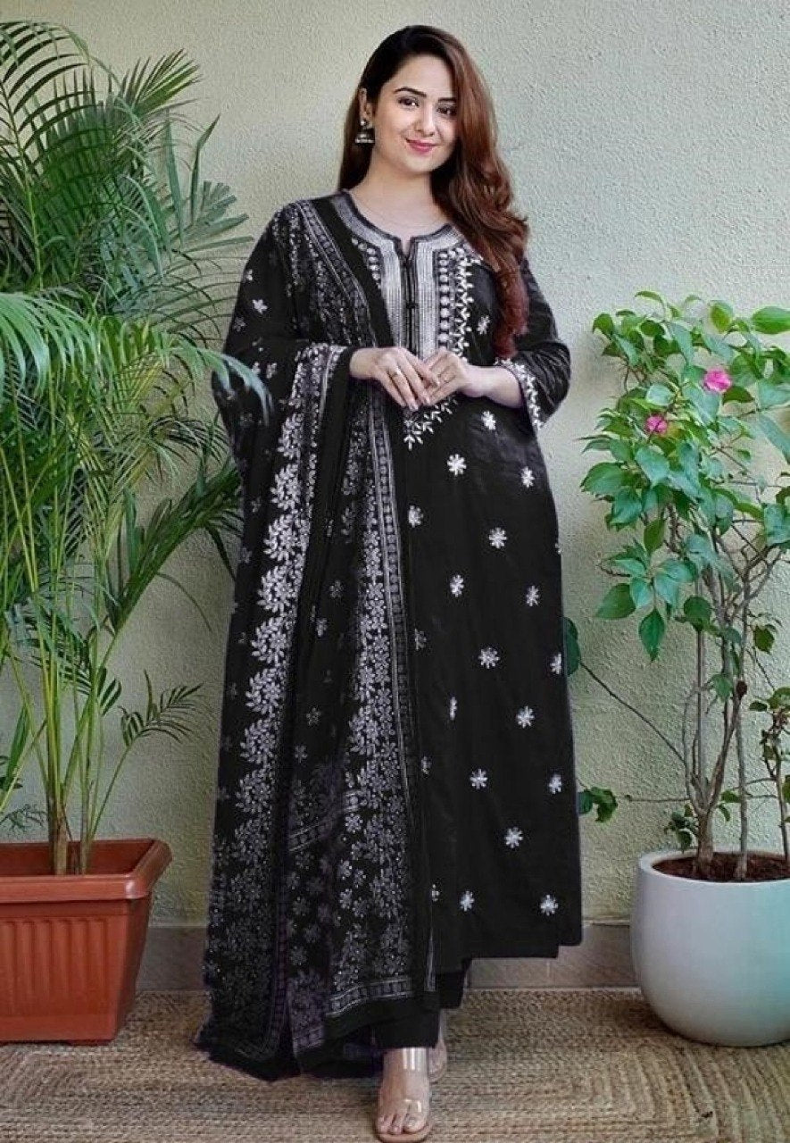 Women Black Embroidered Kurta Set with Dupatta
