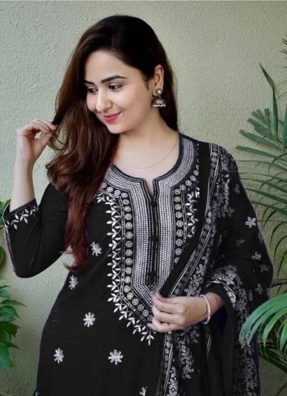 Women Black Embroidered Kurta Set with Dupatta