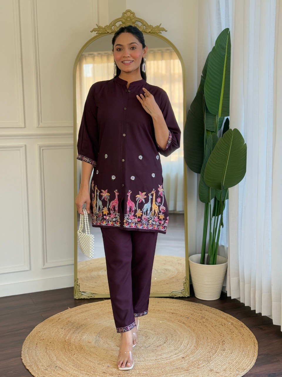Women Wine Embroidered Co-Ord Set
