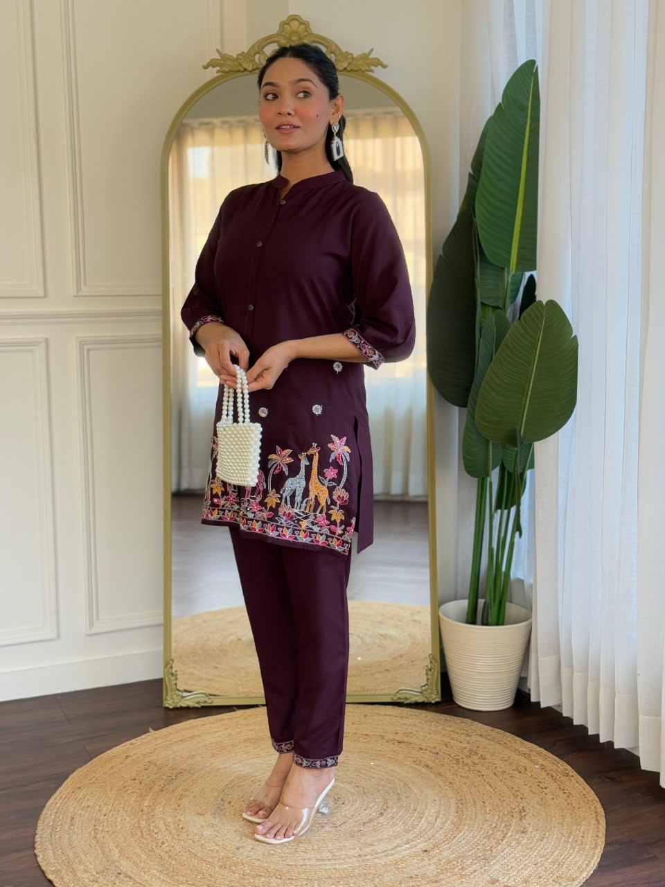 Women Wine Embroidered Co-Ord Set