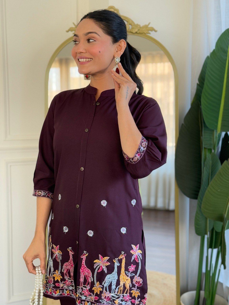 Women Wine Embroidered Co-Ord Set
