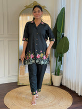 Women Black Floral Embroidered Co-Ord Set