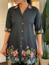 Women Black Floral Embroidered Co-Ord Set