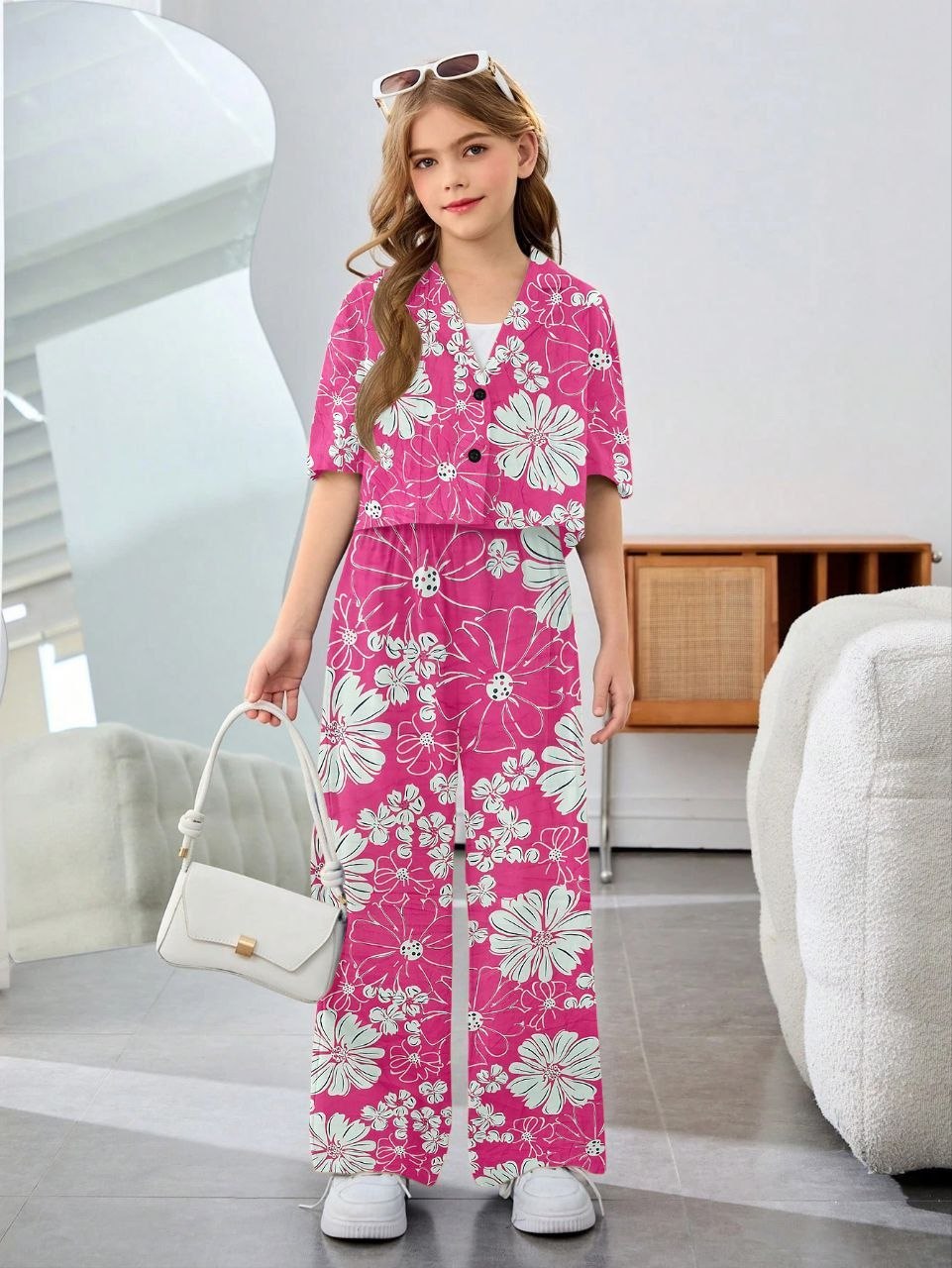 Girls Pink Floral Printed Co-Ord Set