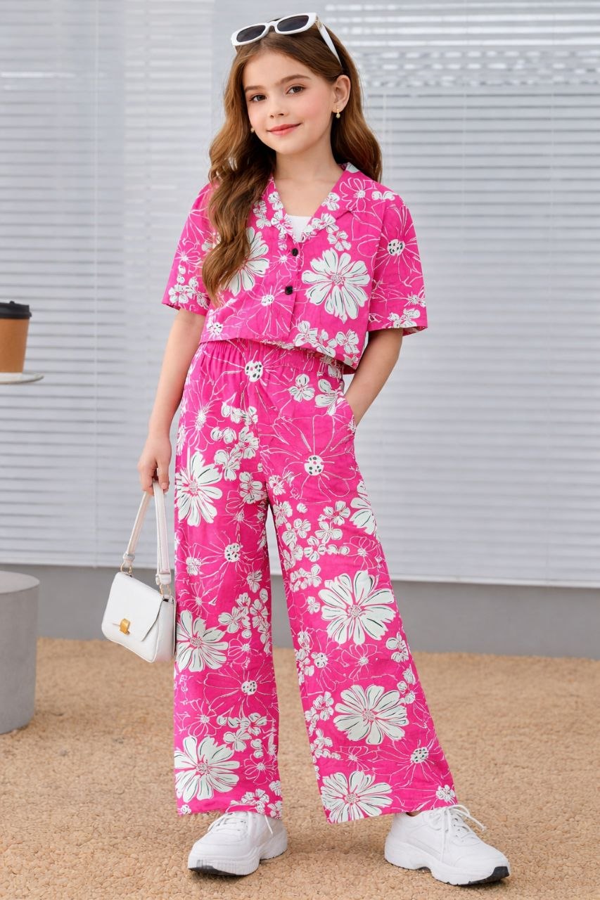 Girls Pink Floral Printed Co-Ord Set