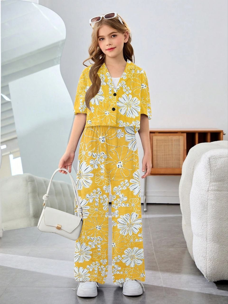Girls Mustard Yellow Floral Printed Co-Ord Set