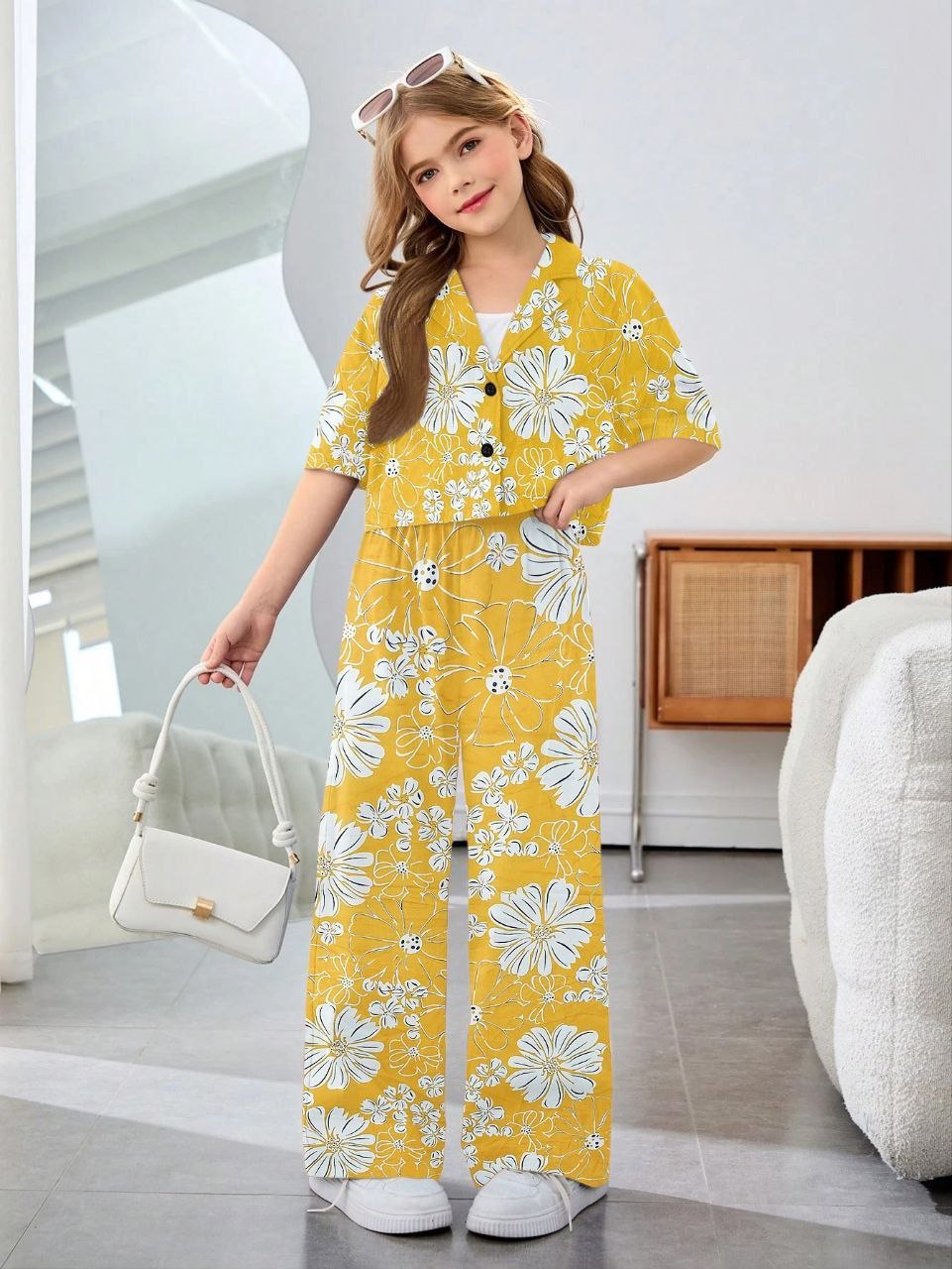 Girls Mustard Yellow Floral Printed Co-Ord Set