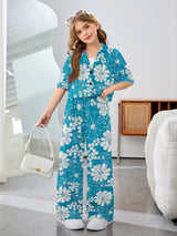 Girls Teal Blue Floral Printed Co-Ord Set