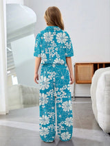 Girls Teal Blue Floral Printed Co-Ord Set