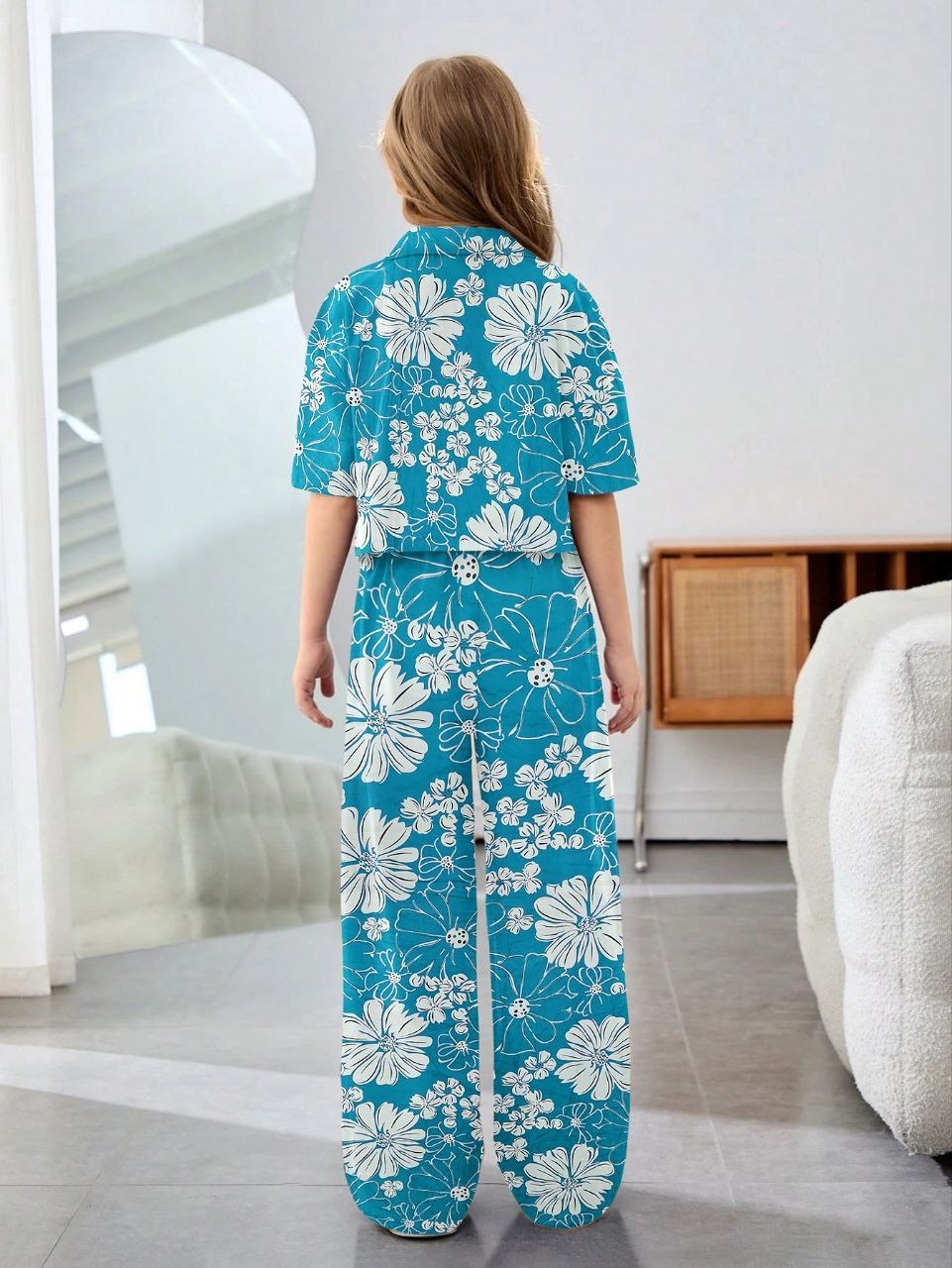 Girls Teal Blue Floral Printed Co-Ord Set