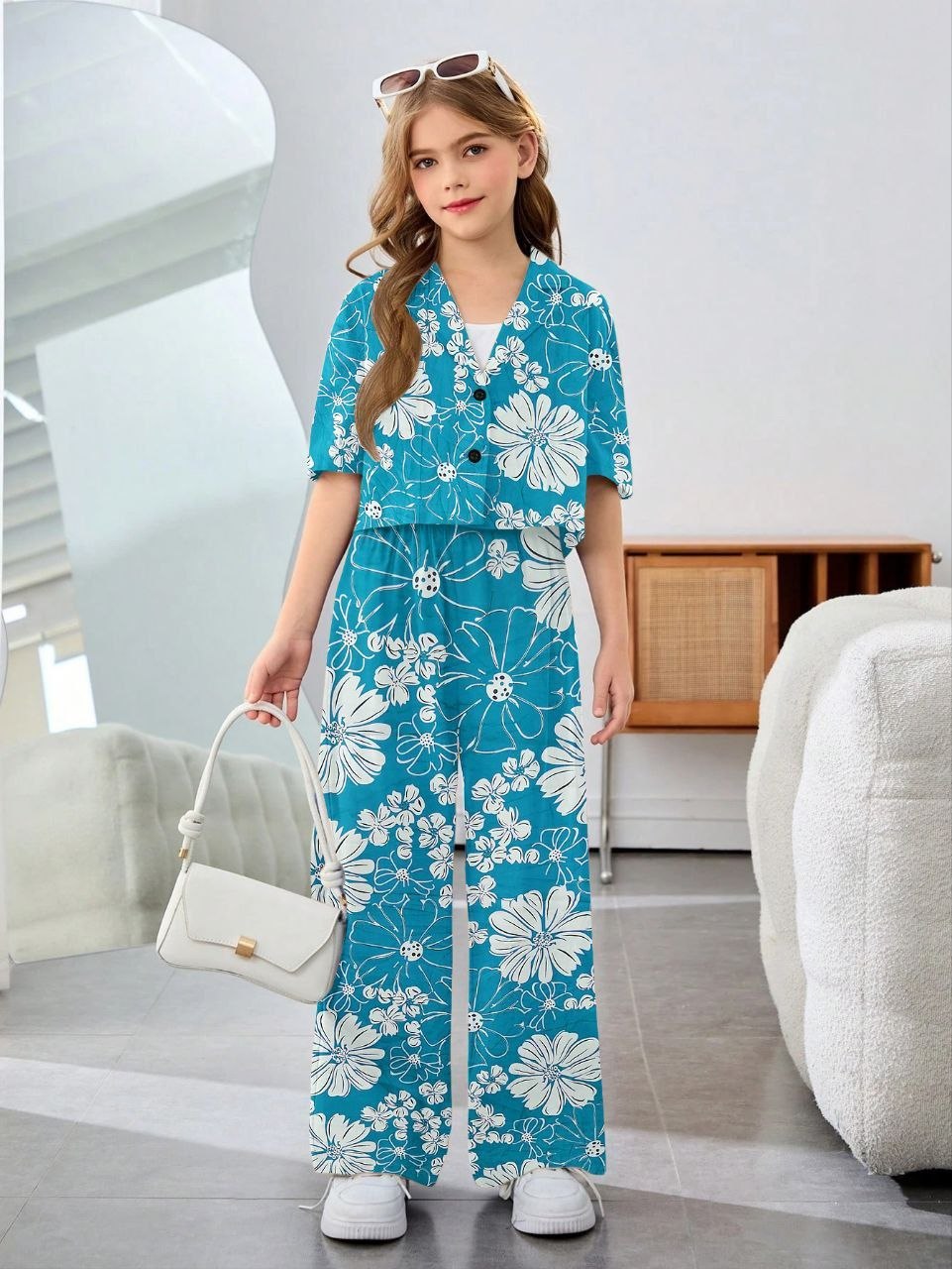 Girls Teal Blue Floral Printed Co-Ord Set