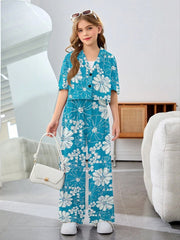 Girls Teal Blue Floral Printed Co-Ord Set