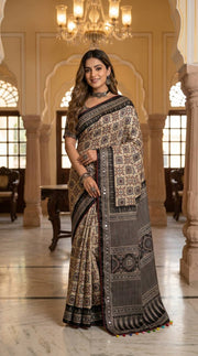 Beige ajrakh print satin saree with mirror work mameraa