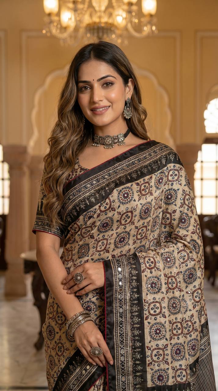 Beige ajrakh print satin saree with mirror work