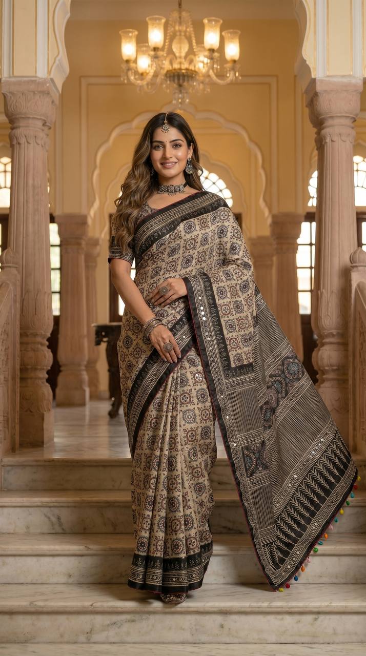 Beige ajrakh print satin saree with mirror work