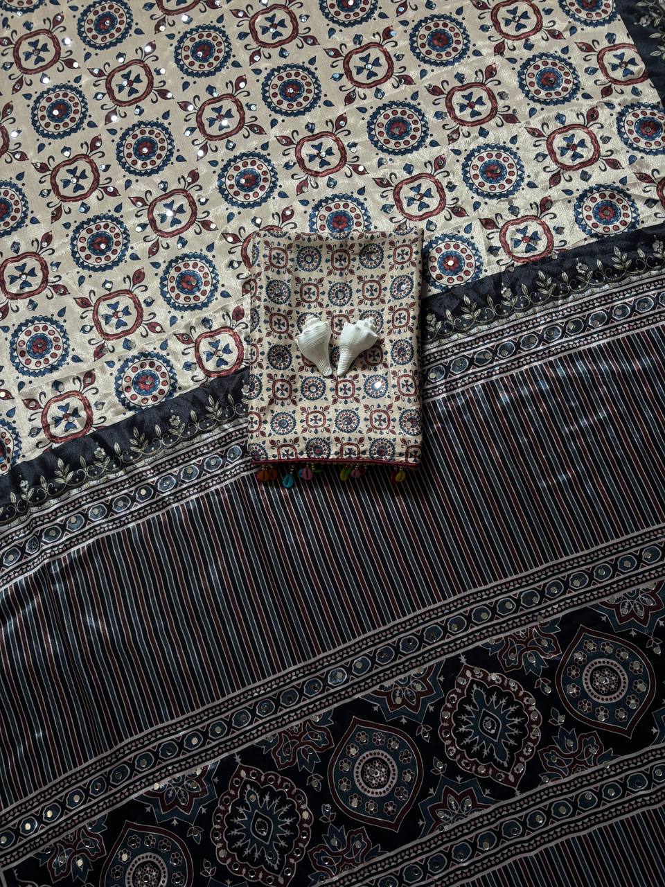 Beige ajrakh print satin saree with mirror work