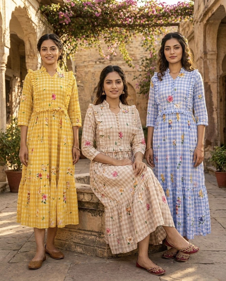 Silk Printed Kurti with Puff Sleeves