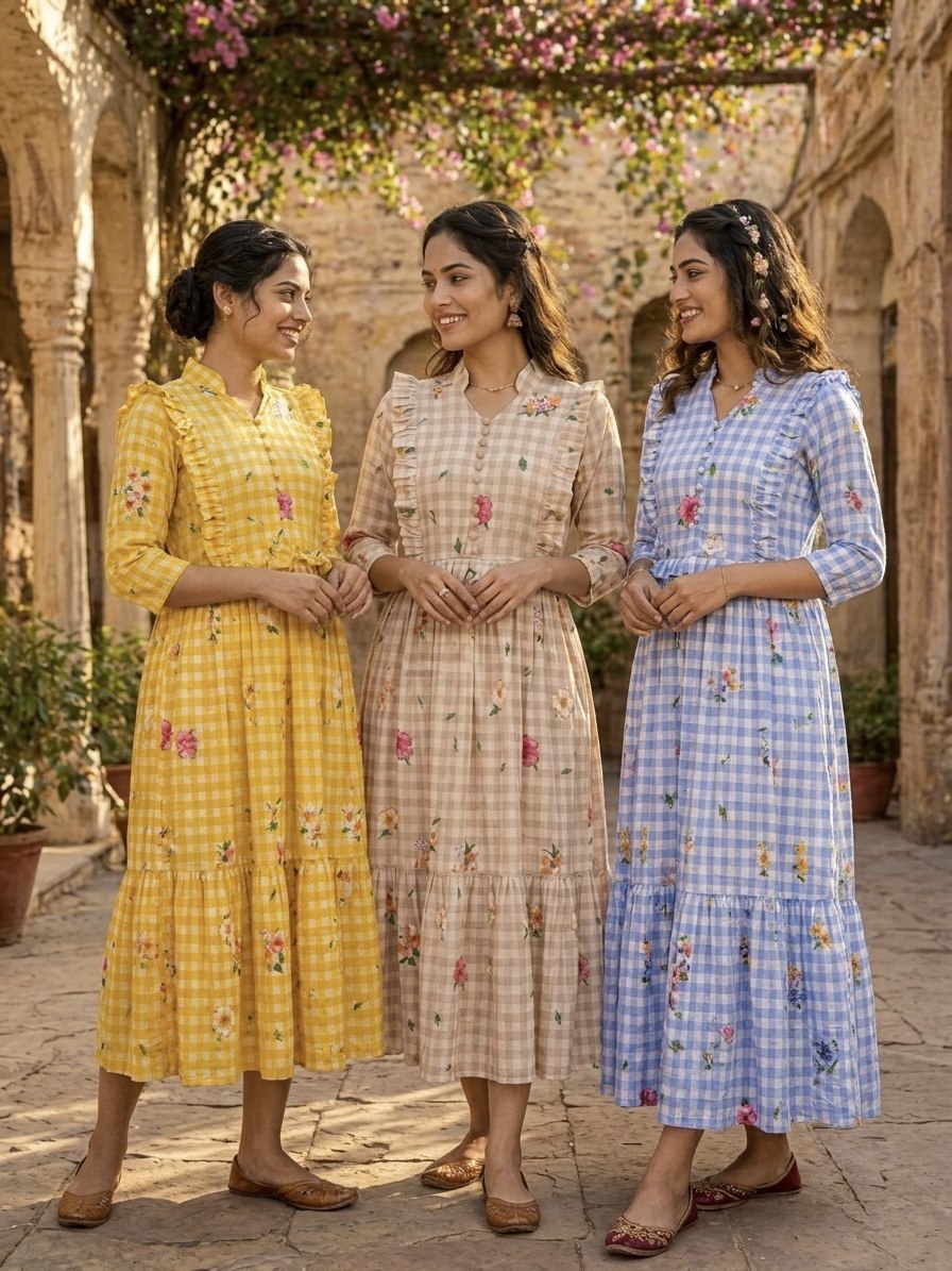 Silk Printed Kurti with Puff Sleeves