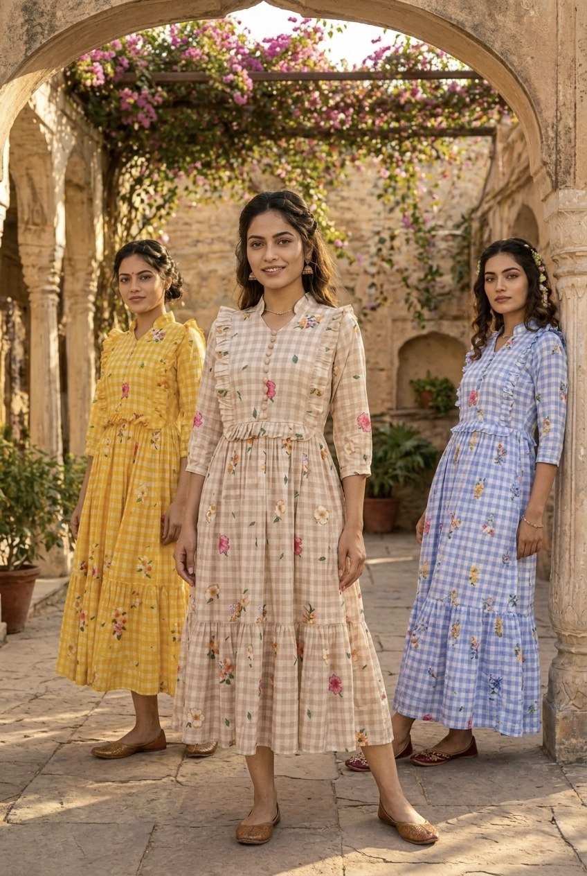 Silk Printed Kurti with Puff Sleeves