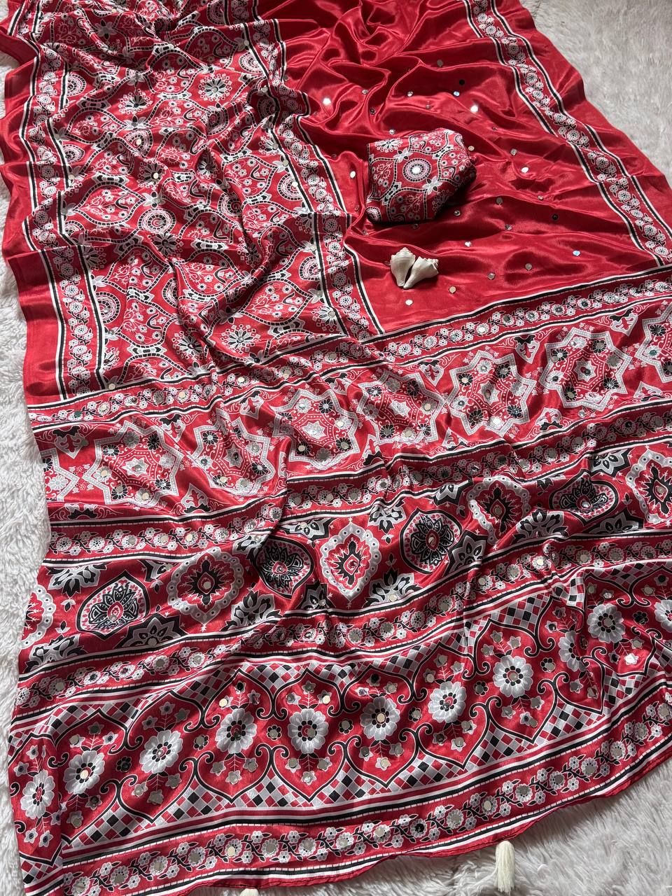 Radiant red semi model silk saree with ajrakh print real mirror work mameraa