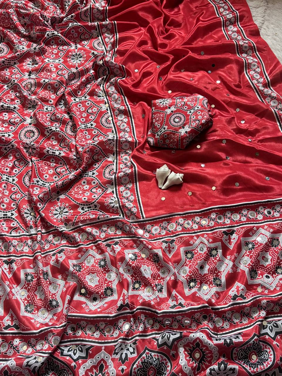 Radiant red semi model silk saree with ajrakh print real mirror work