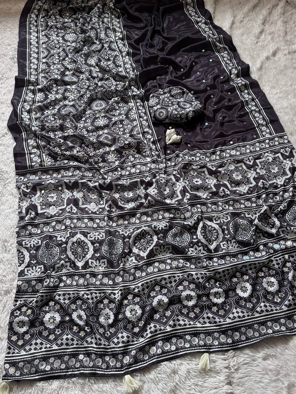 Classic black semi model silk saree with ajrakh print real mirror work mameraa