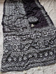 Classic black semi model silk saree with ajrakh print real mirror work mameraa