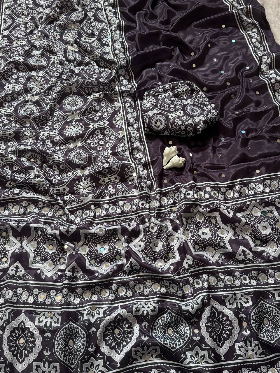 Classic black semi model silk saree with ajrakh print real mirror work