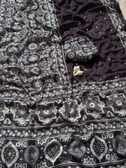 Classic black semi model silk saree with ajrakh print real mirror work