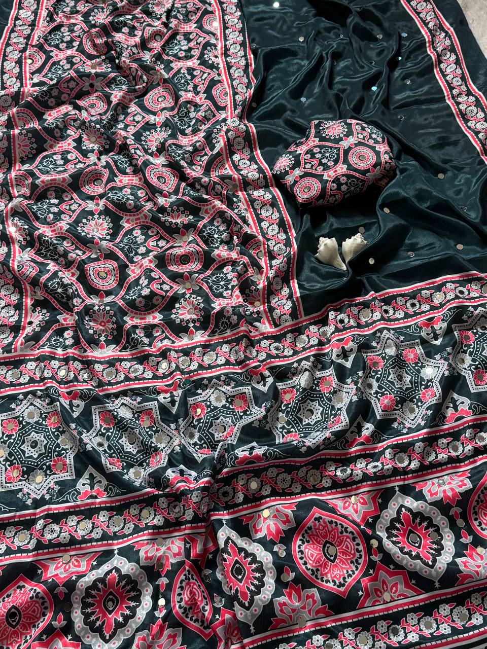 Elegant forest green semi model silk saree with ajrakh print real mirror work