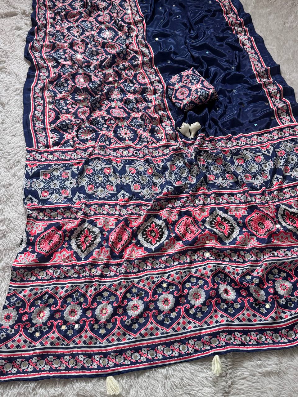 Elegant navy blue semi model silk saree with ajrakh print real mirror work mameraa