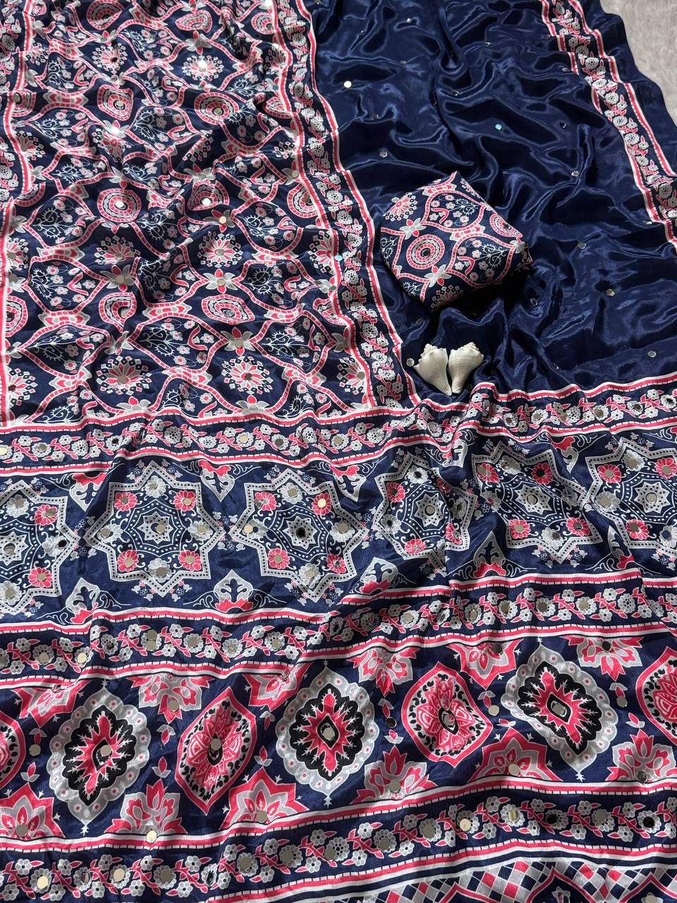Elegant navy blue semi model silk saree with ajrakh print real mirror work