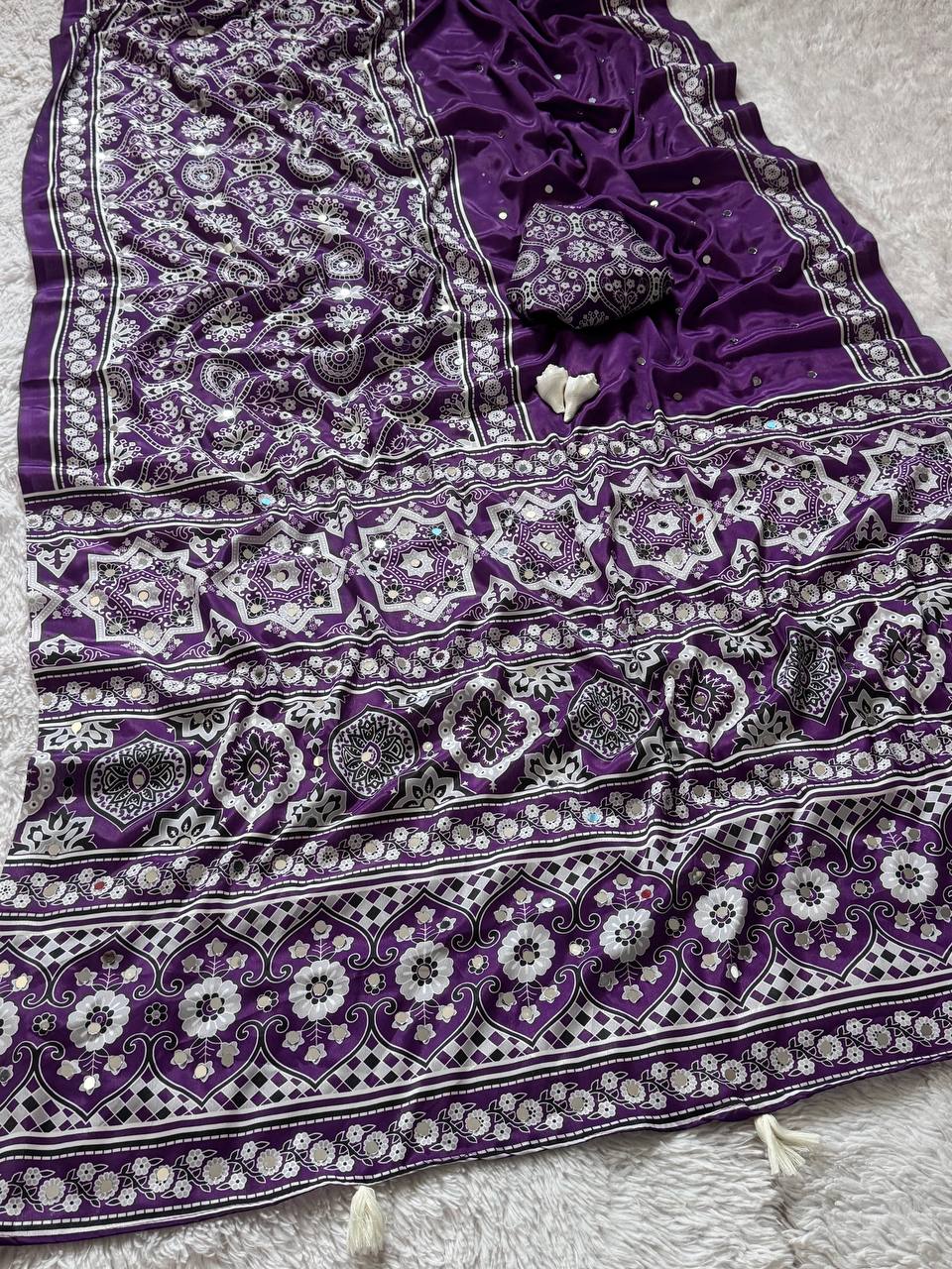 Royal purple semi model silk saree with ajrakh print real mirror work mameraa