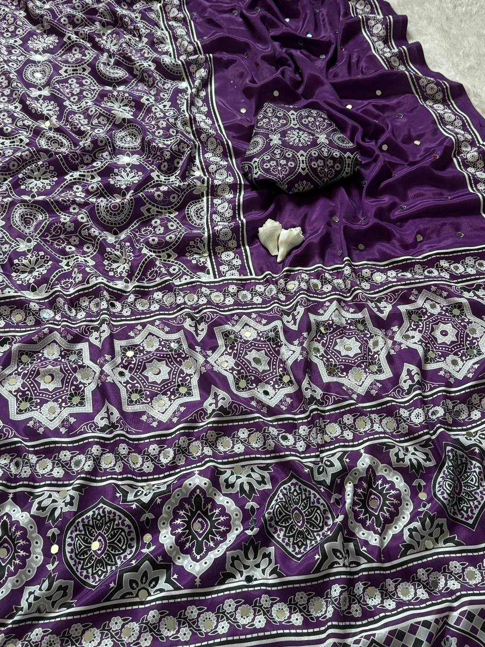 Royal purple semi model silk saree with ajrakh print real mirror work