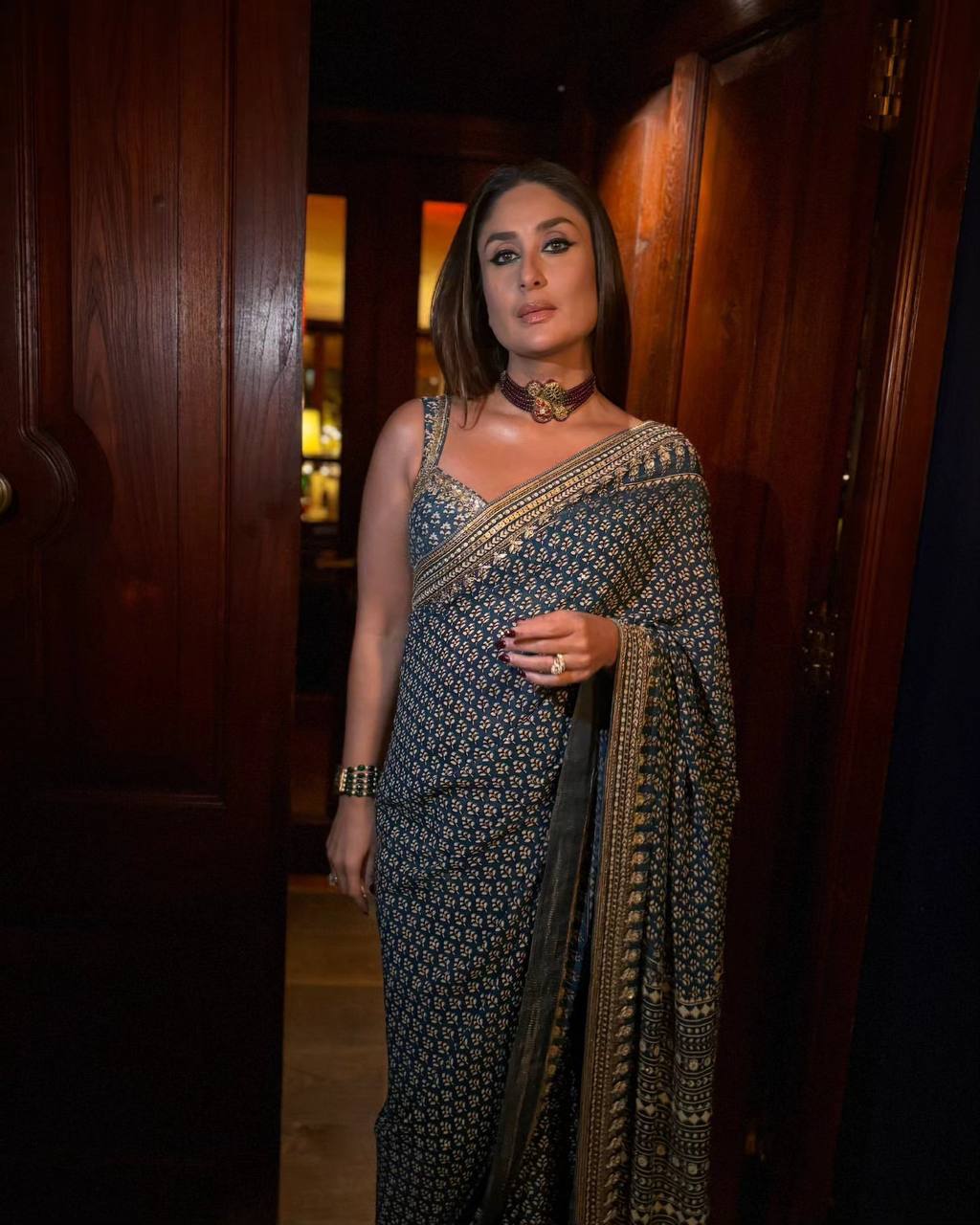 Traditional navy ajrakh saree with contemporary mirror detailing mameraa