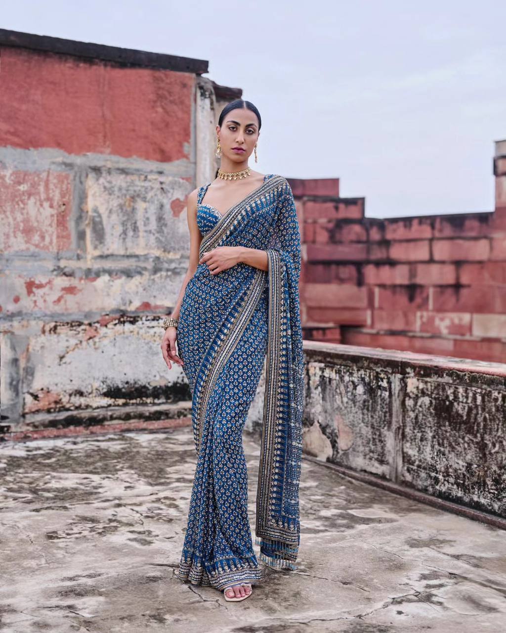 Indigo blue soft fox georgette saree with real mirror katdana work mameraa