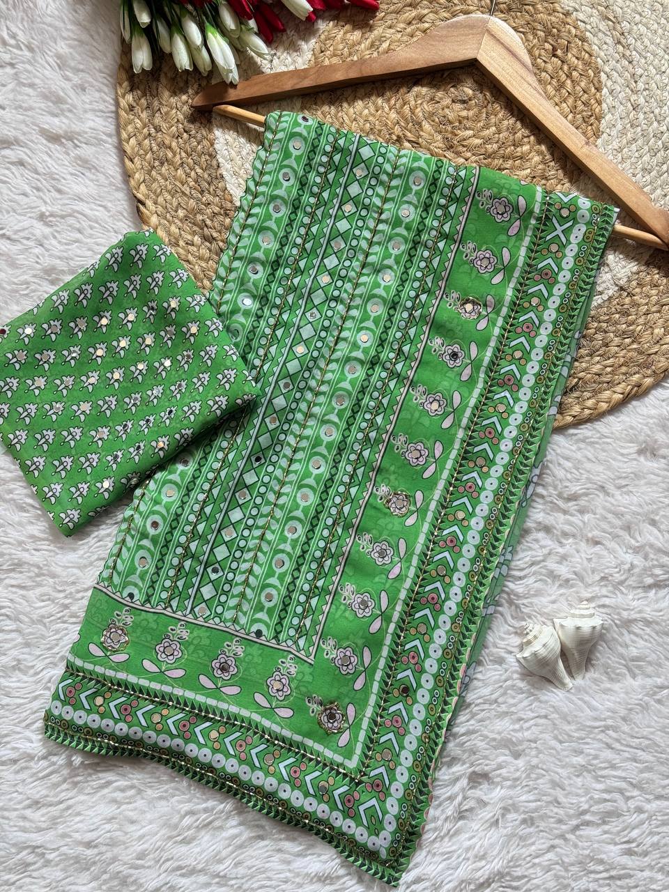 Designer green saree with mirror work ajrakh print mameraa
