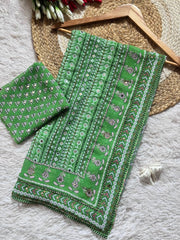 Designer green saree with mirror work ajrakh print mameraa