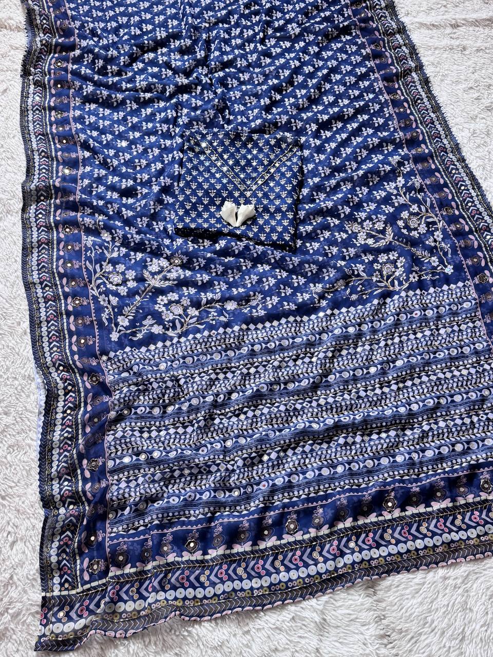 Traditional navy ajrakh saree with contemporary mirror detailing