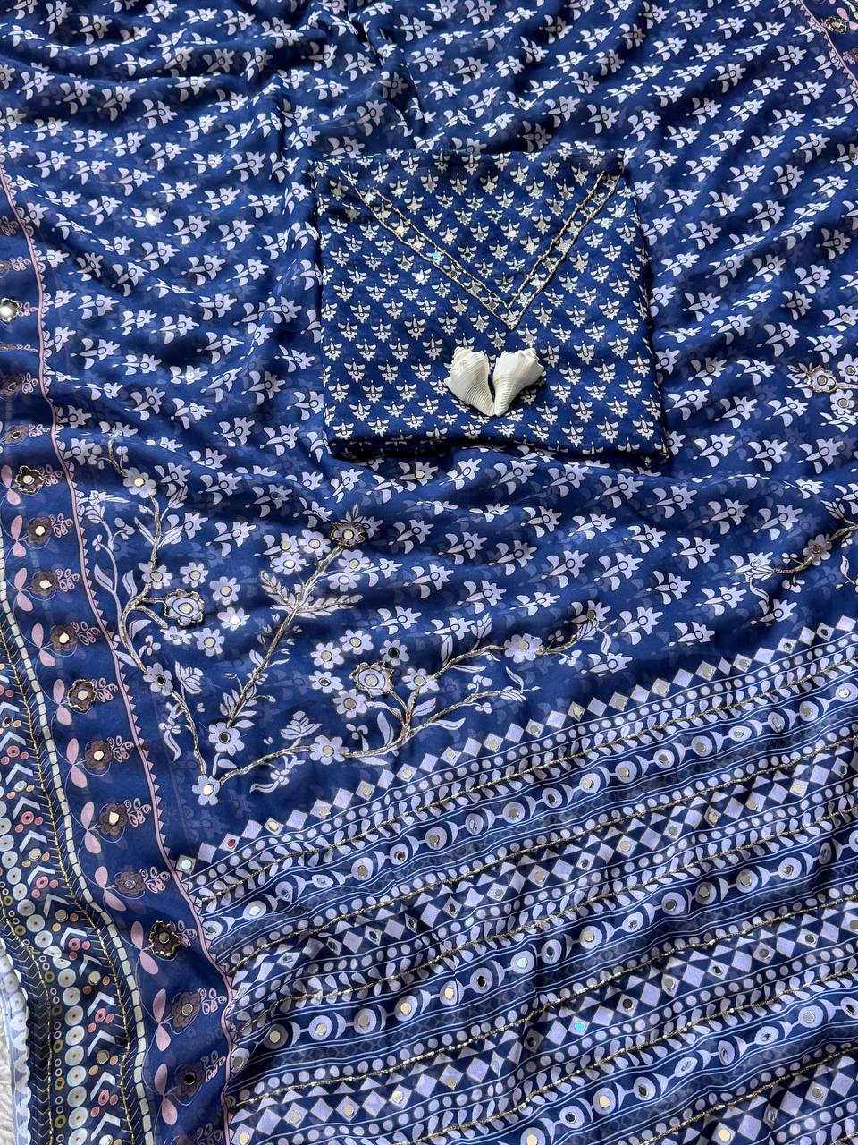 Traditional navy ajrakh saree with contemporary mirror detailing