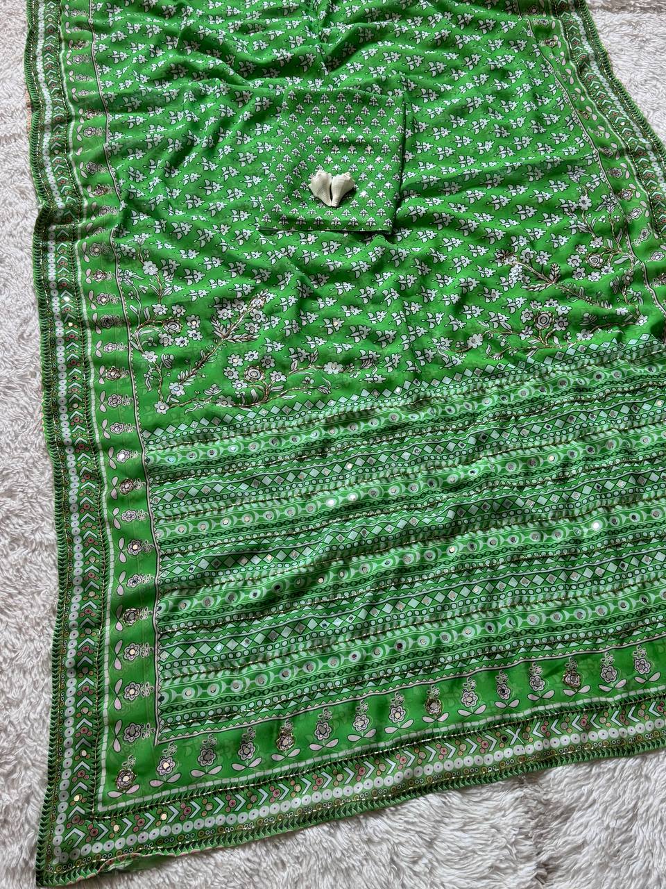 Designer green saree with mirror work ajrakh print