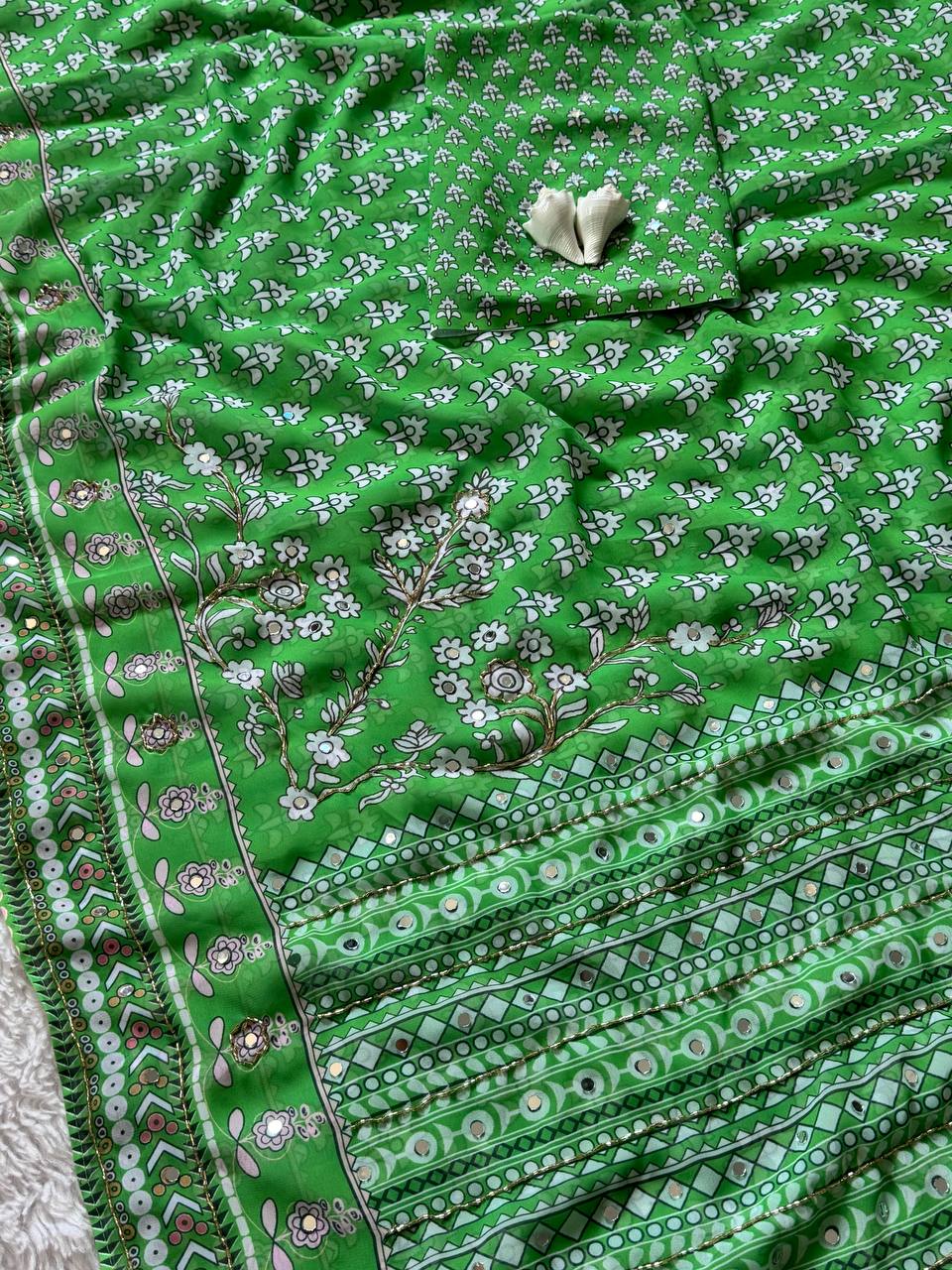 Designer green saree with mirror work ajrakh print