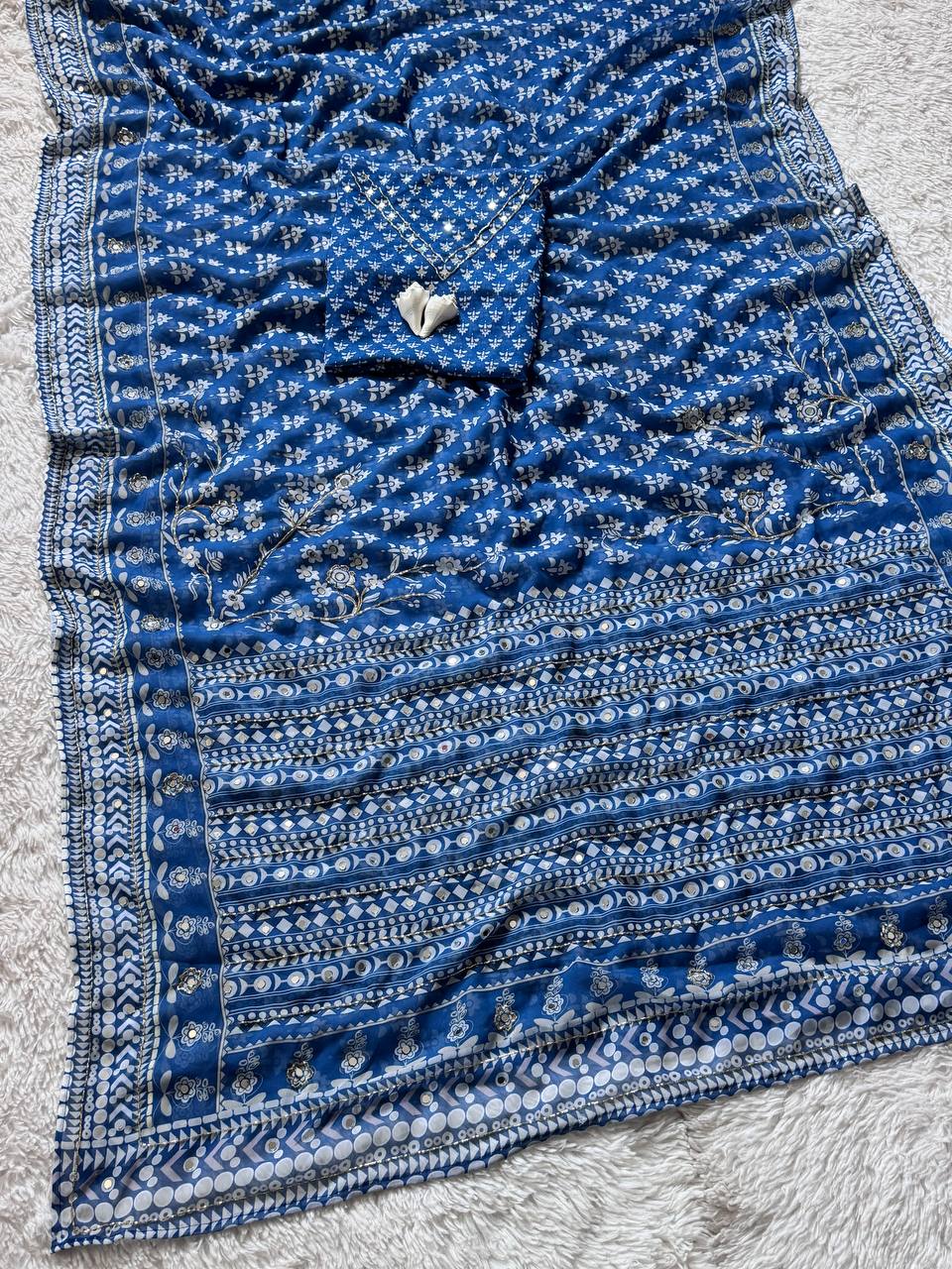 Indigo blue soft fox georgette saree with real mirror katdana work