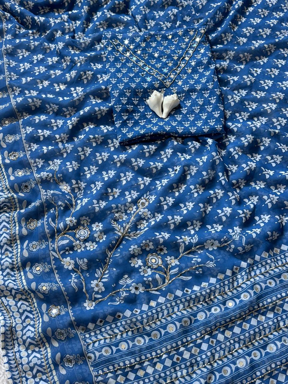 Indigo blue soft fox georgette saree with real mirror katdana work