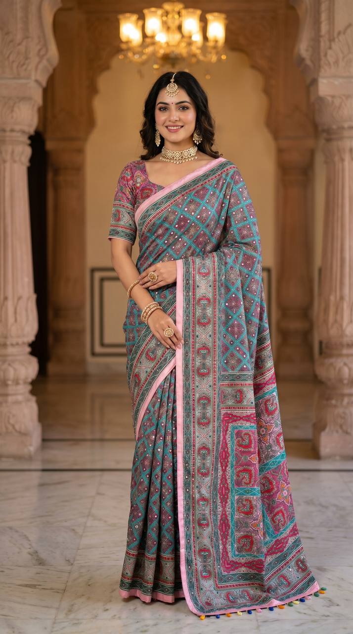 Elegant roman silk ajarakh print saree with real mirror work kodi latkan mameraa