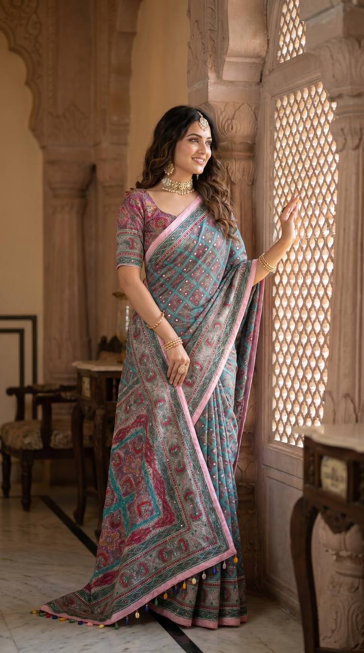 Elegant roman silk ajarakh print saree with real mirror work kodi latkan