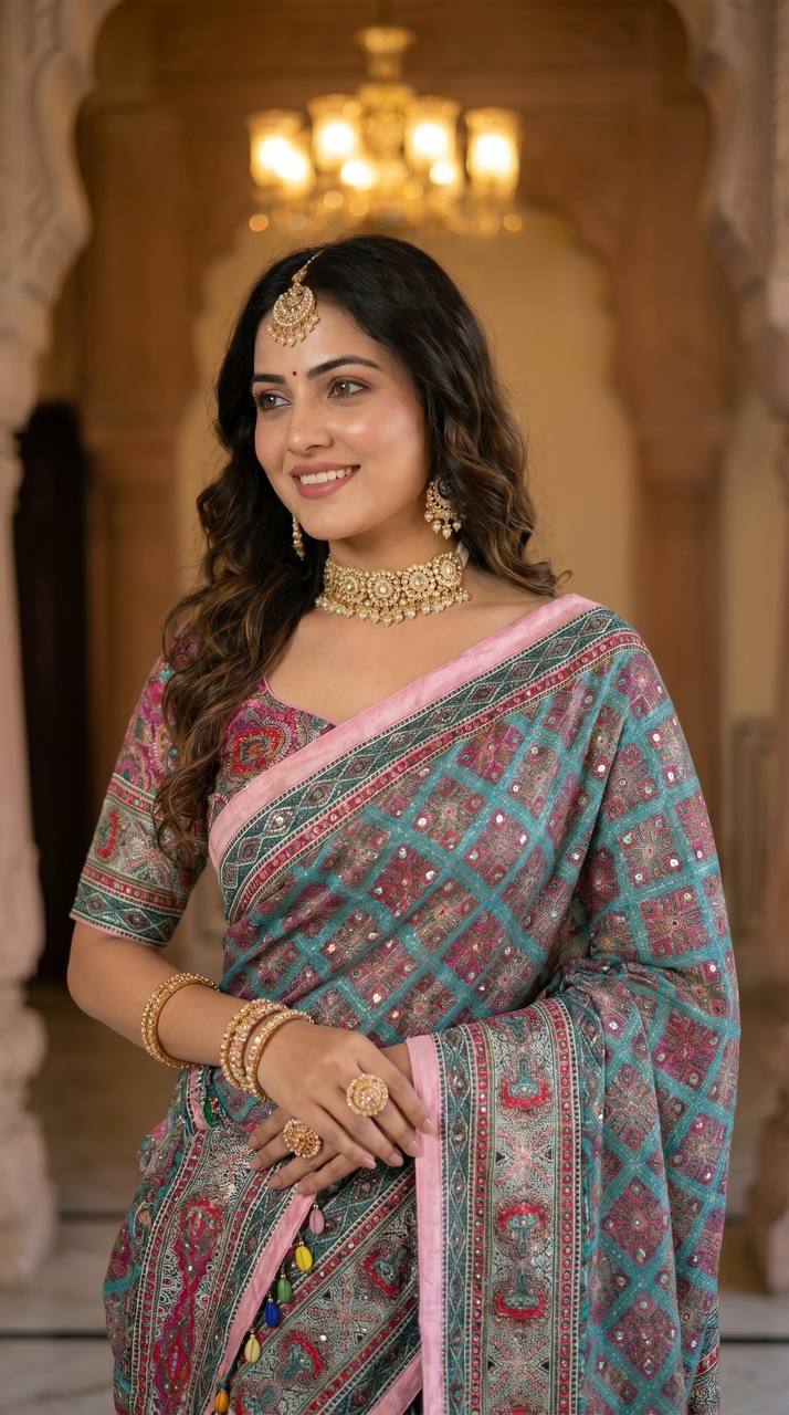 Elegant roman silk ajarakh print saree with real mirror work kodi latkan