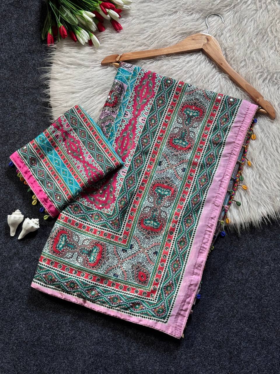 Elegant roman silk ajarakh print saree with real mirror work kodi latkan