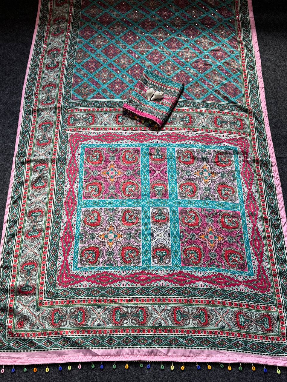 Elegant roman silk ajarakh print saree with real mirror work kodi latkan